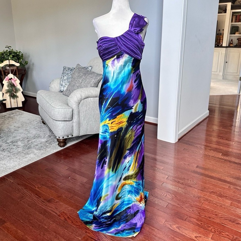 2000s Fiesta Purple One Shoulder Tie Dye Satin Gown Dress